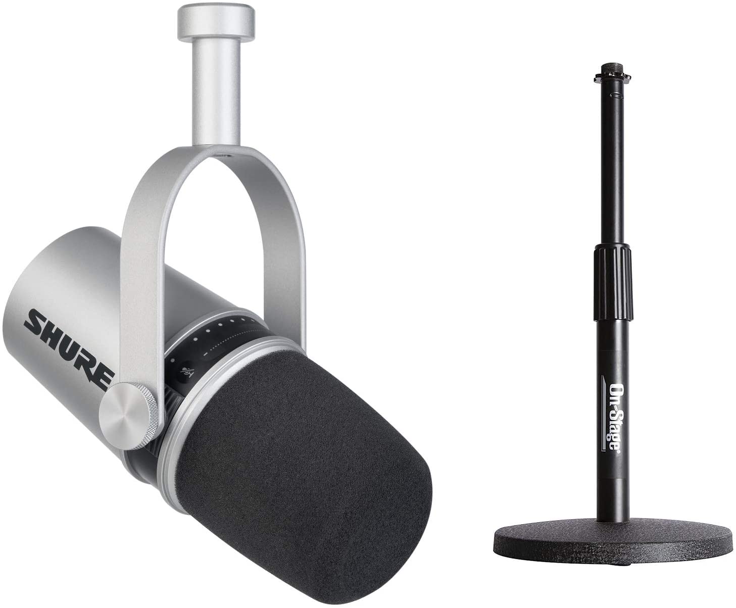 Shure MV7 w/ On Stage Desktop Mic Stand - Silver