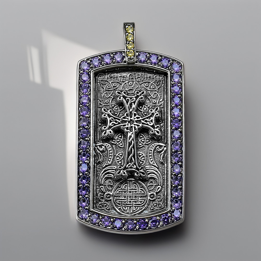 Solid Sterling Silver Armenian Cross Dog Tag Pendant with Purple