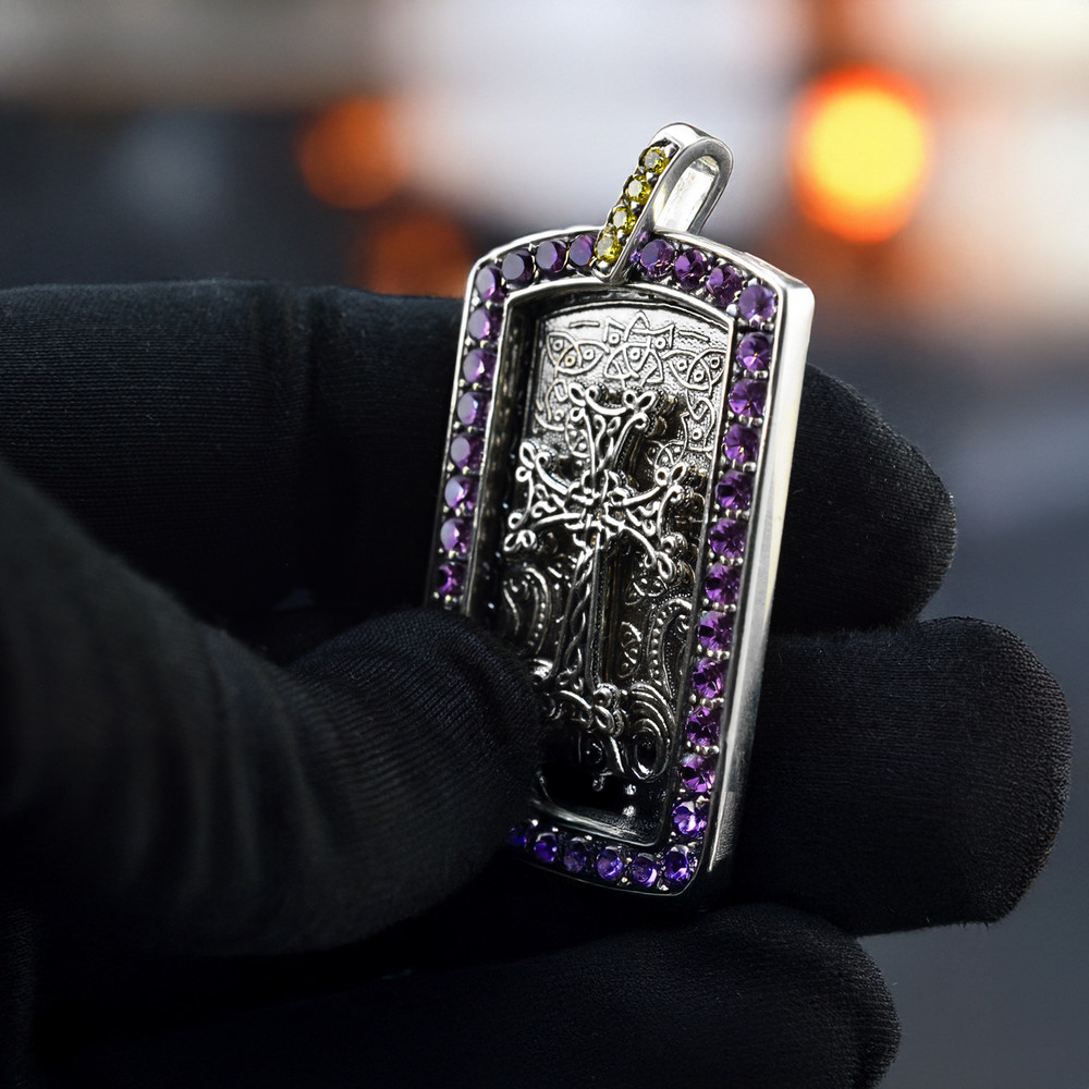 Solid Sterling Silver Armenian Cross Dog Tag Pendant with Purple