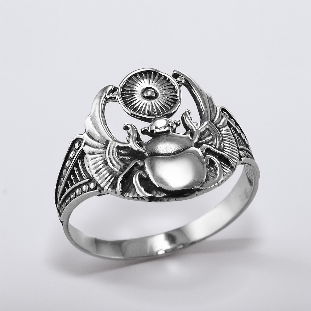 Sterling Silver Scarab Beetle Ring – Oxidized Ancient Egyptian Sun
