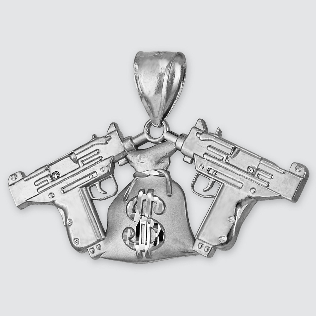 Sterling Silver Money Bag Dual Uzi Gun Satin DC Pendant