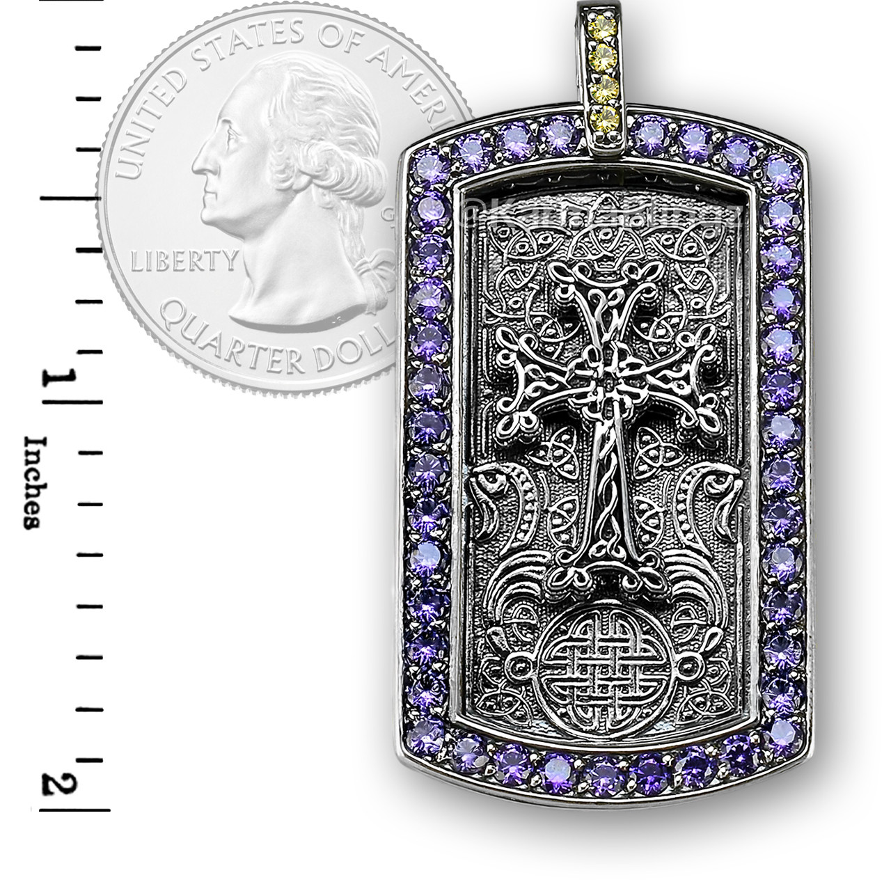 Solid Sterling Silver Armenian Cross Dog Tag Pendant with Purple