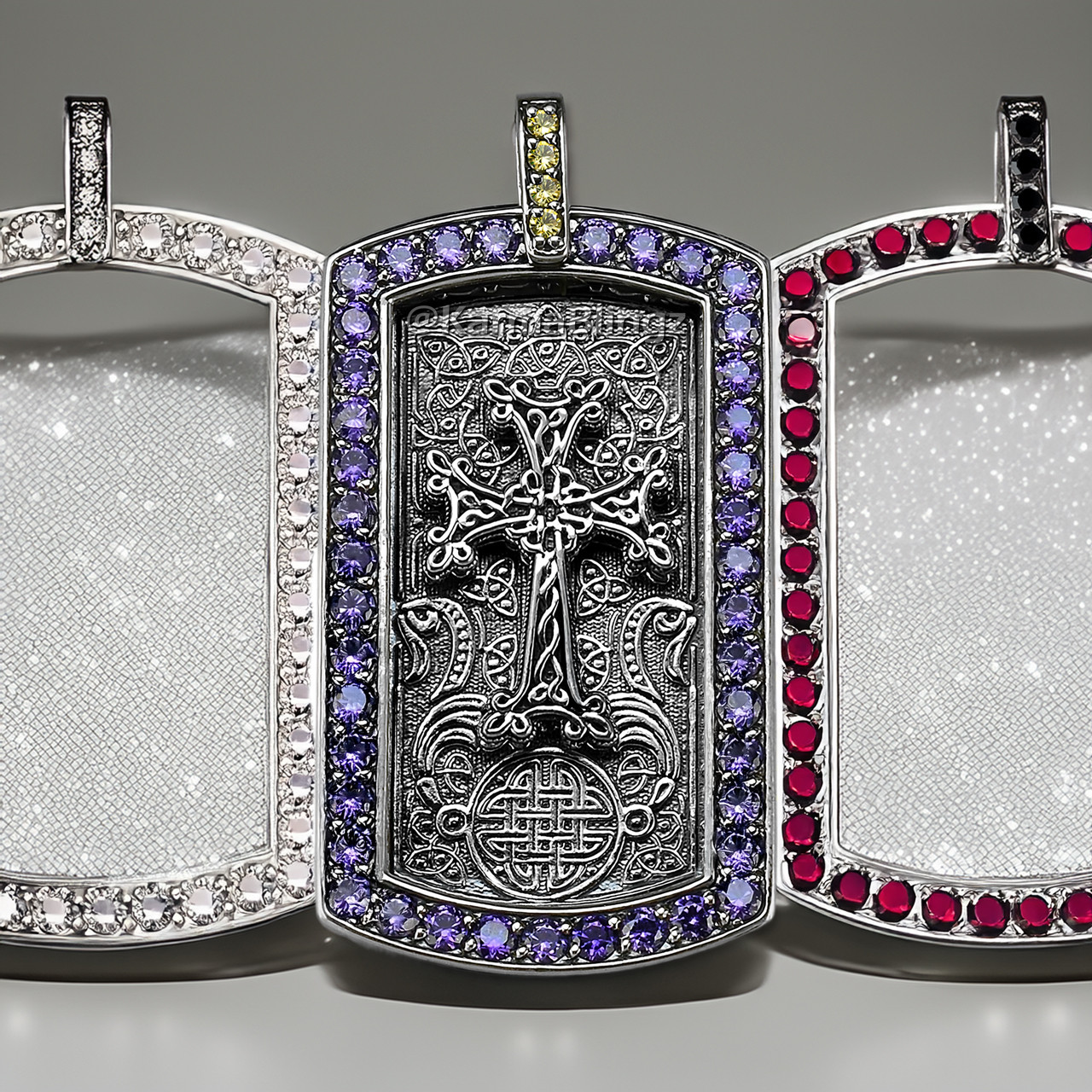 Solid Sterling Silver Armenian Cross Dog Tag Pendant with Purple