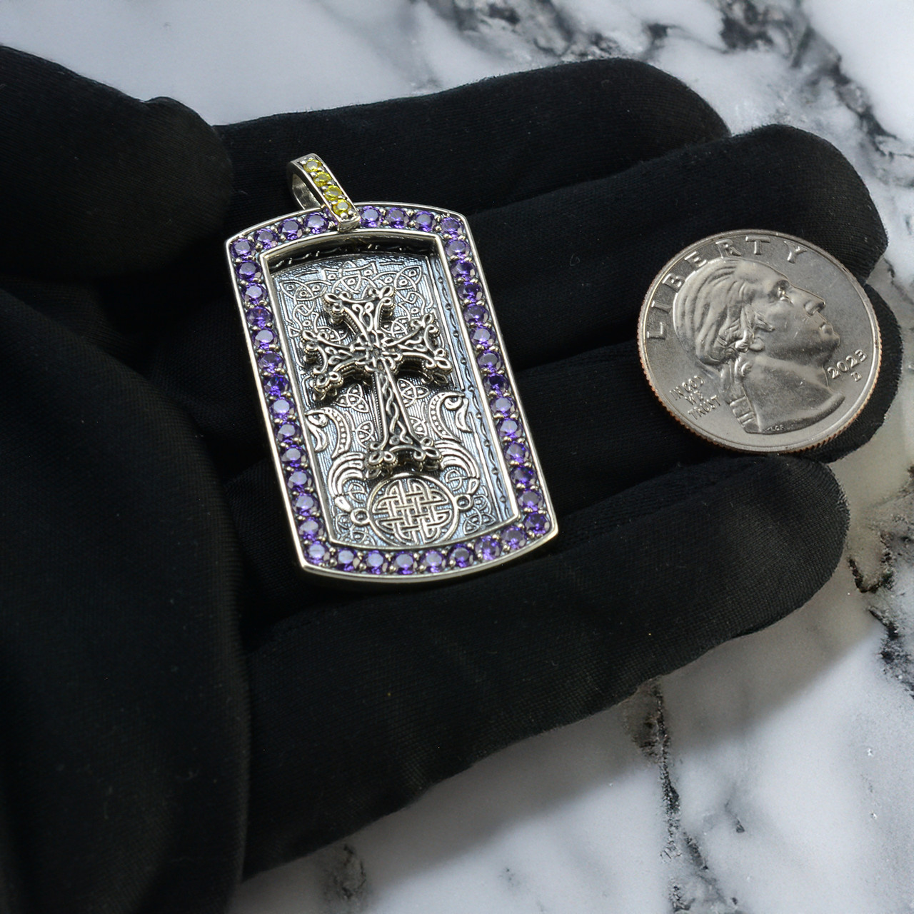 Solid Sterling Silver Armenian Cross Dog Tag Pendant with Purple
