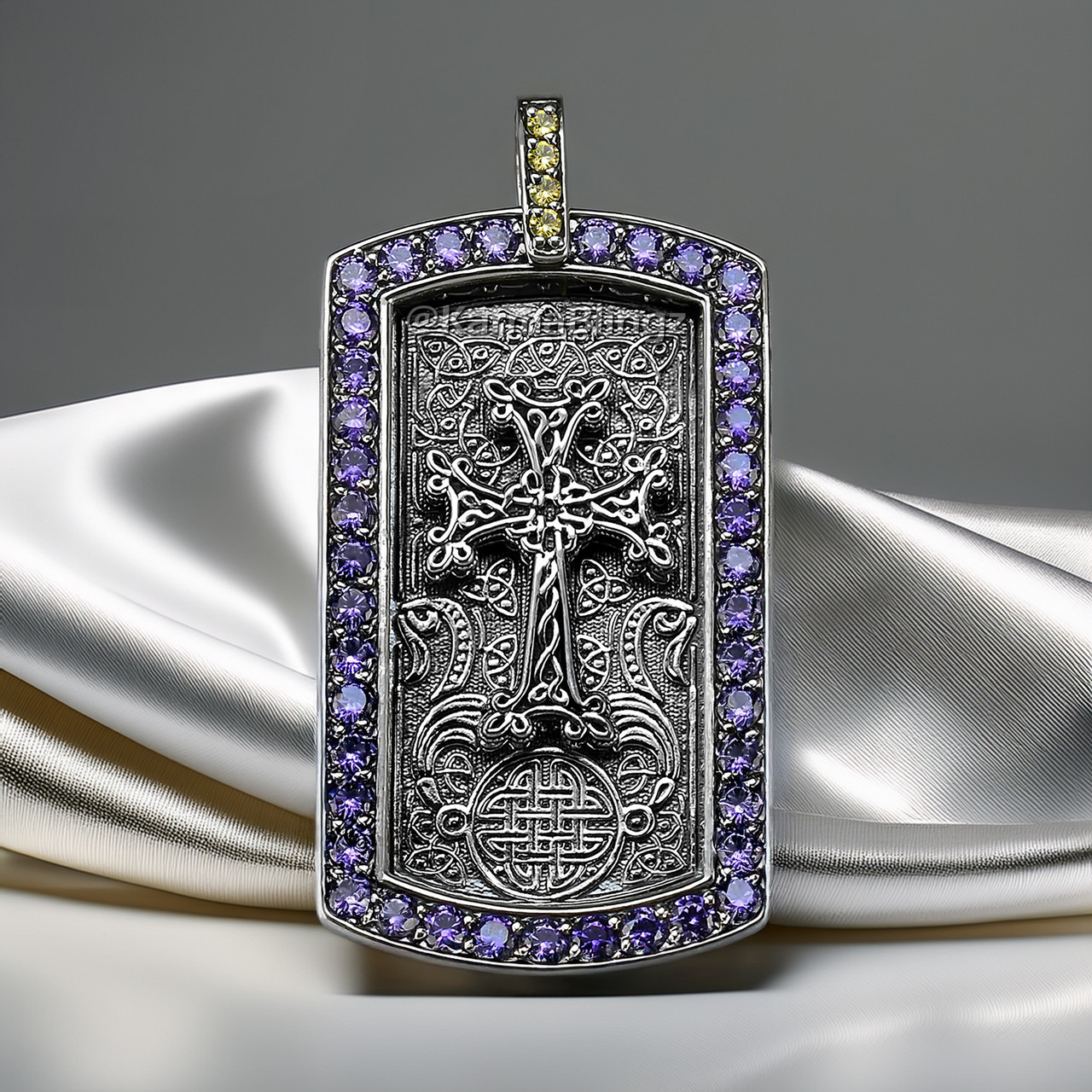 Solid Sterling Silver Armenian Cross Dog Tag Pendant with Purple