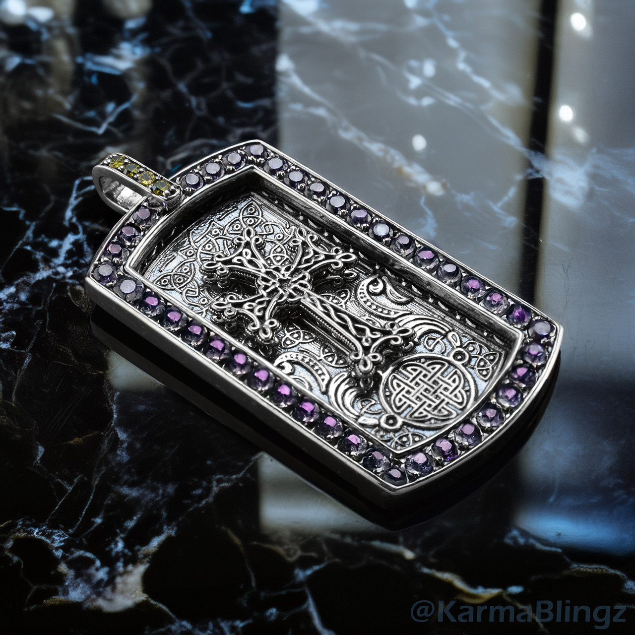 Solid Sterling Silver Armenian Cross Dog Tag Pendant with Purple