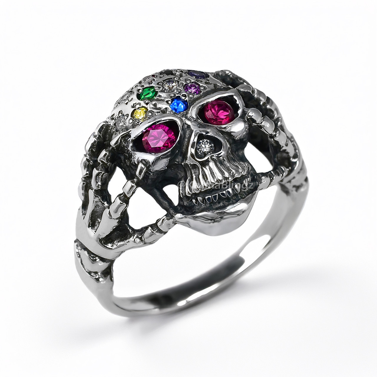 Sterling Silver Skull Ring with Red CZ Eyes | Skeleton Hands