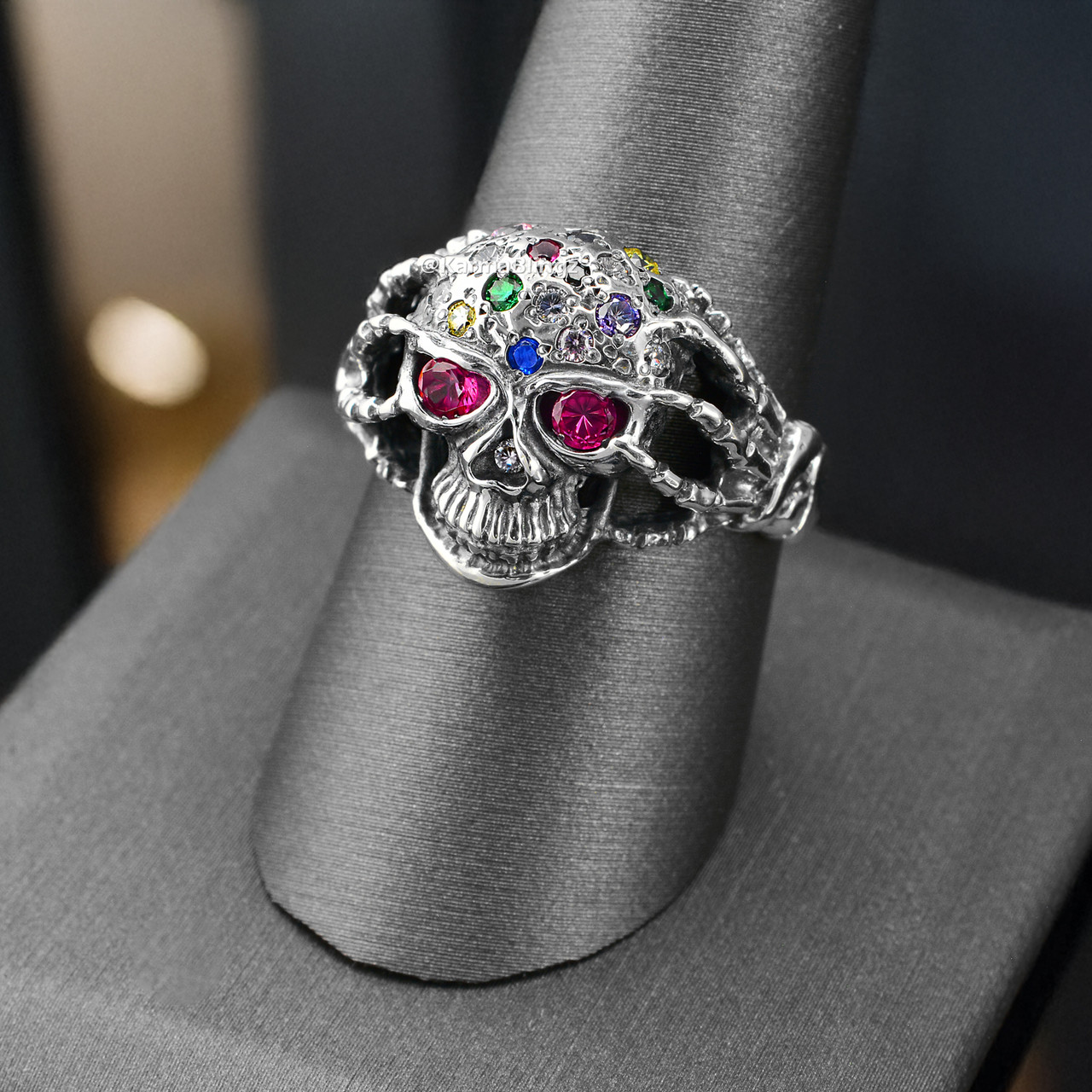 Sterling Silver Skull Ring with Red CZ Eyes | Skeleton Hands 