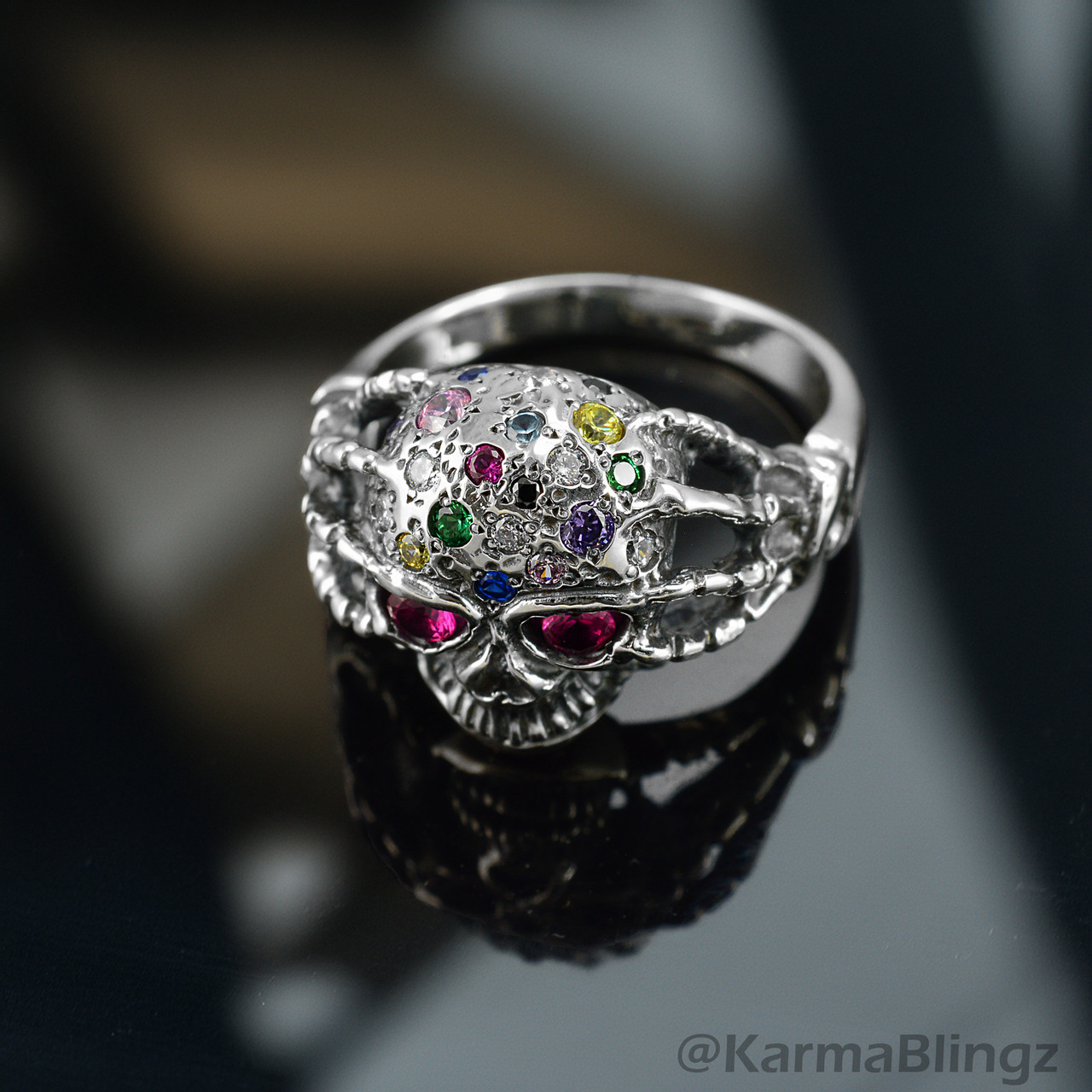 Sterling Silver Skull Ring with Red CZ Eyes | Skeleton Hands