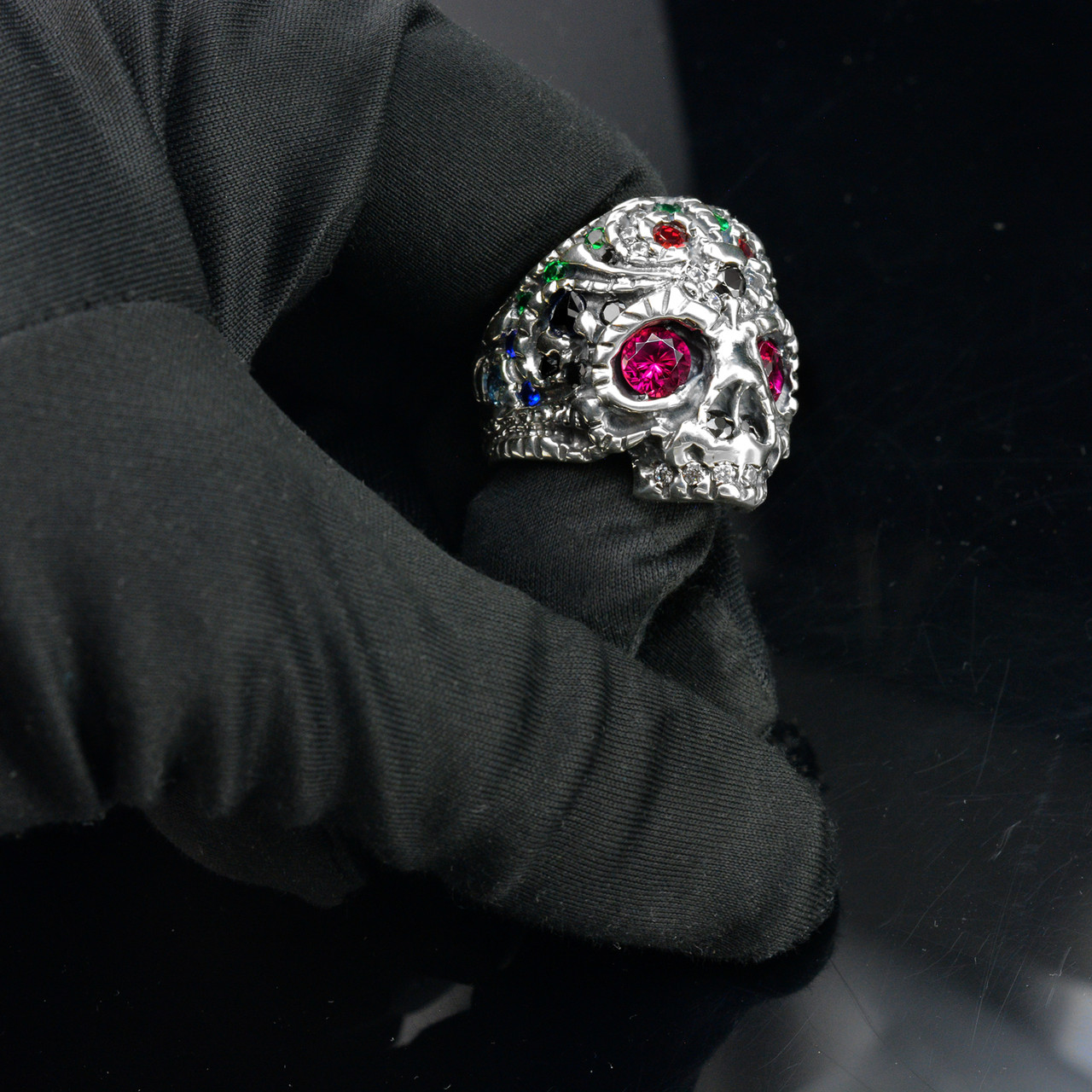 Sterling Silver Sugar Skull Statement Ring with Multicolor CZ