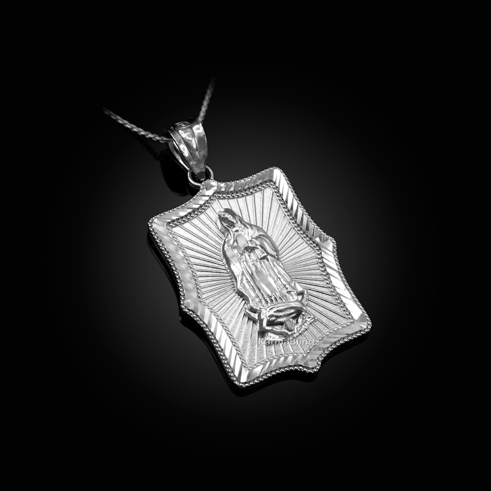 Virgin Mary Sterling Silver Diamond Cut Religious Square Pendant
