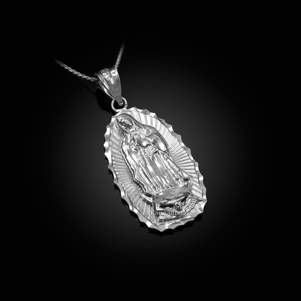 Virgin Mary Sterling Silver Diamond Cut Religious Oval Pendant