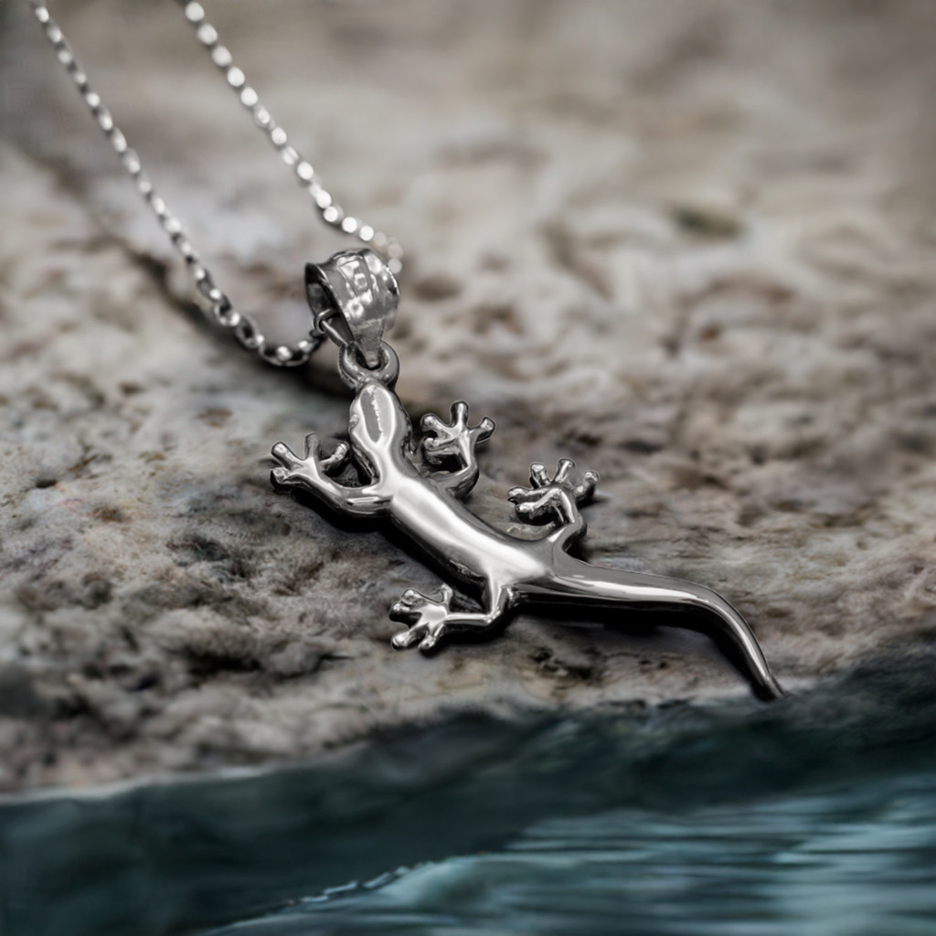Polished Sterling Silver Salamander Lizard Charm Necklace