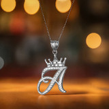 Sterling Silver Cursive Letter Initial DC Crown Pendant Necklace