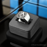 Sterling Silver Masonic Square and Compass Signet Ring Freemason Polished Band