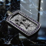 Solid Sterling Silver Armenian Cross Dog Tag Pendant with Purple and Yellow CZ Stones