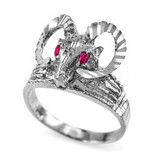Sterling Silver Rams Head Red CZ Textured Ring