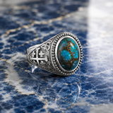 Sterling Silver Jerusalem Cross Blue Copper Turquoise Statement Ring