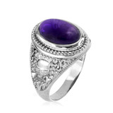 Sterling Silver Skull and Bone Purple Amethyst Biker Birthstone Ring