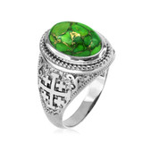 Sterling Silver Jerusalem Cross Green Copper Turquoise Ring