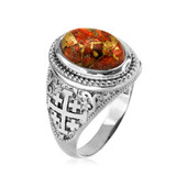 Sterling Silver Jerusalem Cross Orange Copper Turquoise Ring