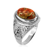 Sterling Silver Masonic Ring with Orange Copper Turquoise