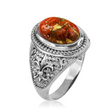 Sterling Silver Orange Copper Turquoise Fleur-De-Lis Gemstone Ring
