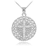 Sterling Silver Filigree Heart Cross CZ Pendant Necklace
