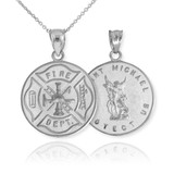 Sterling Silver Firefighter Medal Reversible St. Michael Pendant Necklace
