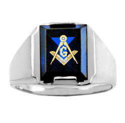 Sterling Silver Freemason Blue CZ Square & Compass Masonic Mens Ring
