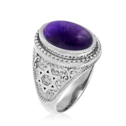 Sterling Silver Star of David Amethyst Cabochon Jewish Statement Ring