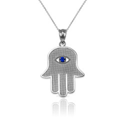 Sterling Silver Hamsa Blue CZ Evil Eye Pendant Necklace