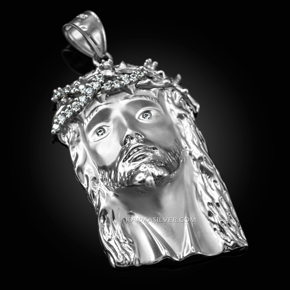 Sterling Silver Jesus Face Cubic Zirconia Religious Charm Necklace