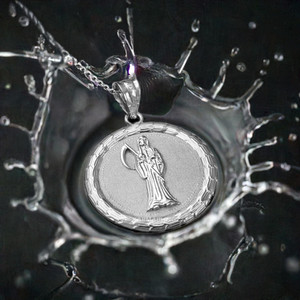 Sterling Silver Santa Muerte Medallion Pendant Necklace