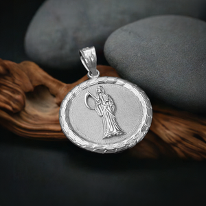 Sterling Silver Santa Muerte Medallion Pendant Necklace