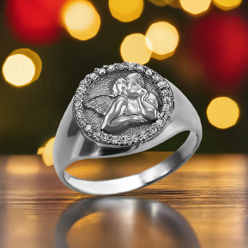 Sterling Silver Cupid Cherub Angel Halo CZ Round Signet Ring