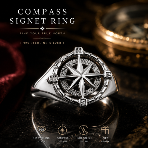 Sterling Silver North Star Compass Ring for Women