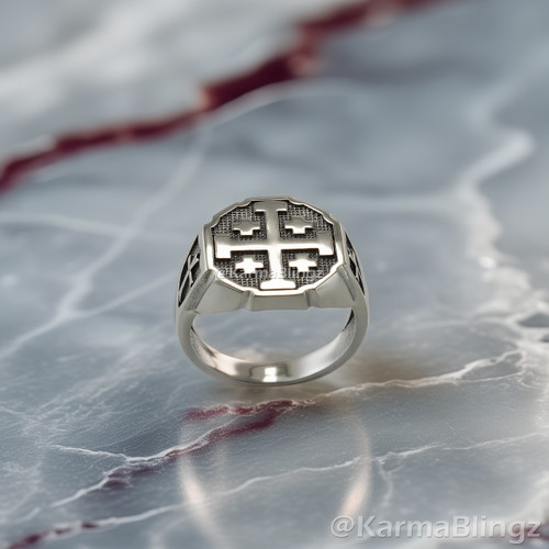 Solid Sterling Silver Jerusalem Cross Octagon Signet Bold Medieval Ring