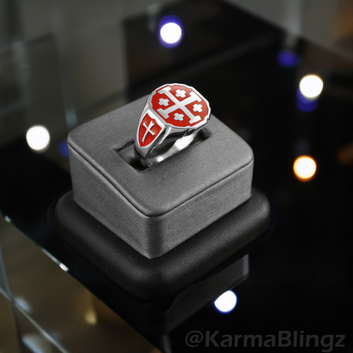 Sterling Silver Enamel Jerusalem Cross Octagon Signet Ring – Color Options