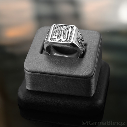 Solid Sterling Silver Square Allah Signet Ring Arabic Calligraphy Saudi Kingdom Band