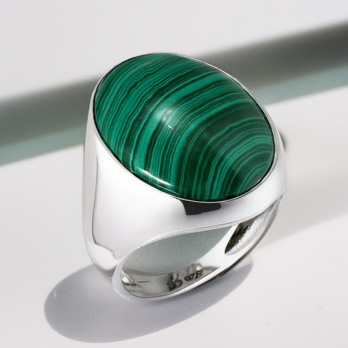 Polished Sterling Silver Green Malachite Gemstone Bold Statement Ring Polished Sterling Silver Green Malachite Gemstone Bold Statement Ring
