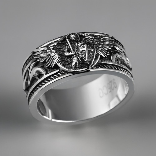 Solid Sterling Silver Oxidized Saint Michael Archangel Ornate Ring Band
