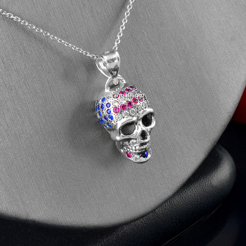 Handcrafted Sterling Silver Skull 3D Pendant With USA Flag CZ Colors Patriotic Design Handcrafted Sterling Silver Skull 3D Pendant With USA Flag CZ Colors Patriotic Design