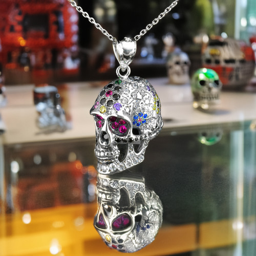 Handcrafted Sterling Silver Sugar Skull Pendant Multicolor CZ Stones Unisex Necklace Handcrafted Sterling Silver Sugar Skull Pendant Multicolor CZ Stones Unisex Necklace