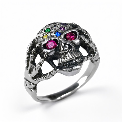Oxidized Sterling Silver Skull Ring Skeleton Hands Red CZ Eyes Multicolor CZ Stones Oxidized Sterling Silver Skull Ring Skeleton Hands Red CZ Eyes Multicolor CZ Stones