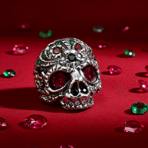 Oxidized Sterling Silver Sugar Skull Multicolor CZ Statement Ring