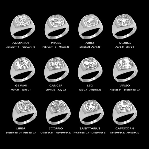 Sterling Silver Zodiac Sign Mens Square Signet Ring