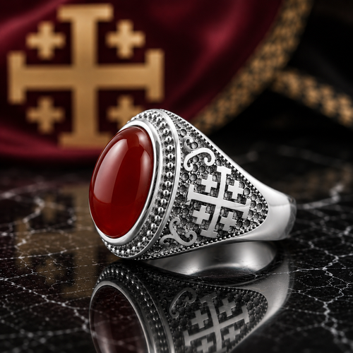 Sterling Silver Jerusalem Cross Red Onyx Gemstone Statement Ring