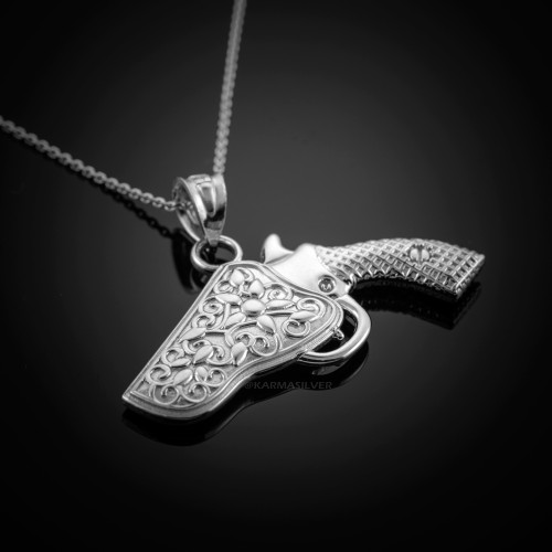 Sterling Silver Revolver Pistol Gun Holster Pendant Necklace