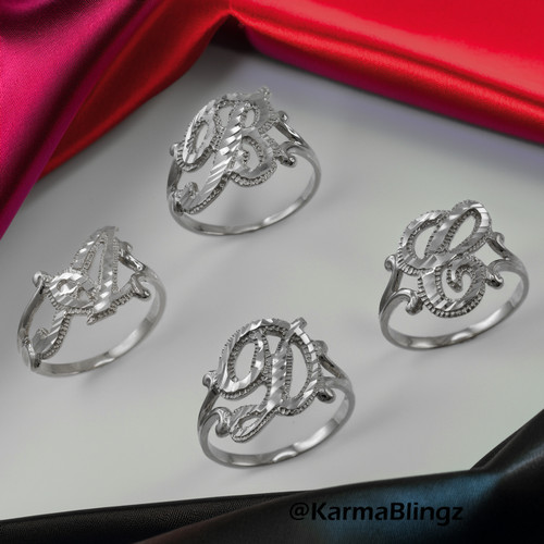 Sterling Silver Sparkle-Cut Letter Initial Script Ring